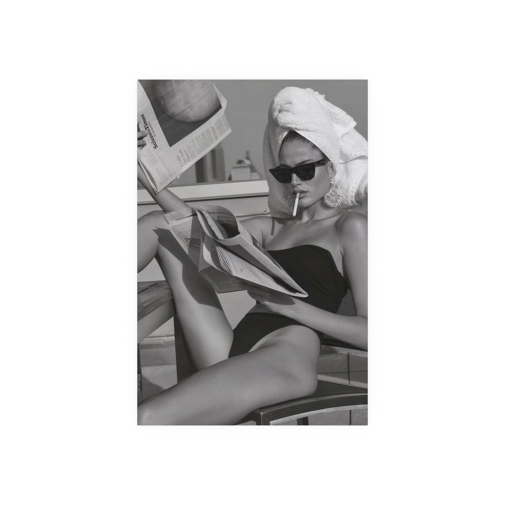 Woman Reading Newspaper Poster, Black and White Wall Art