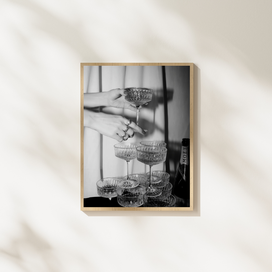 Minimal Black and White Champagne Glasses Wall Art Print, Modern Bar Decor