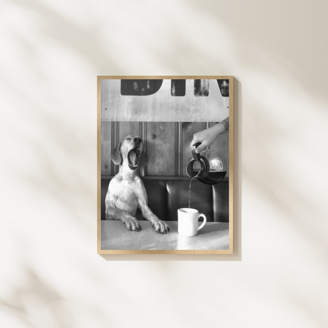 Funny Black and White Dog Wall Art Print, Dog Drinking Coffee Photo