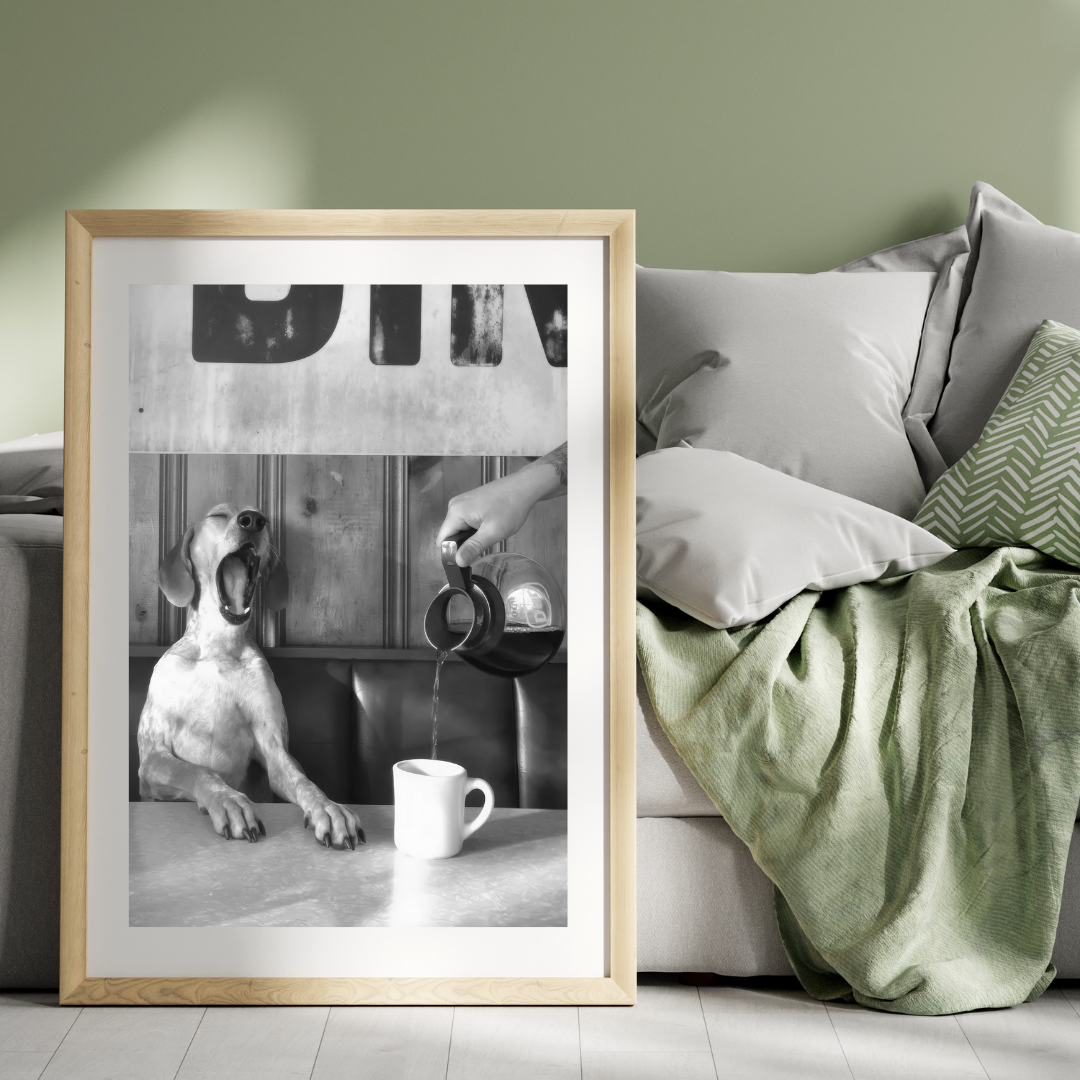 Funny Black and White Dog Wall Art Print, Dog Drinking Coffee Photo