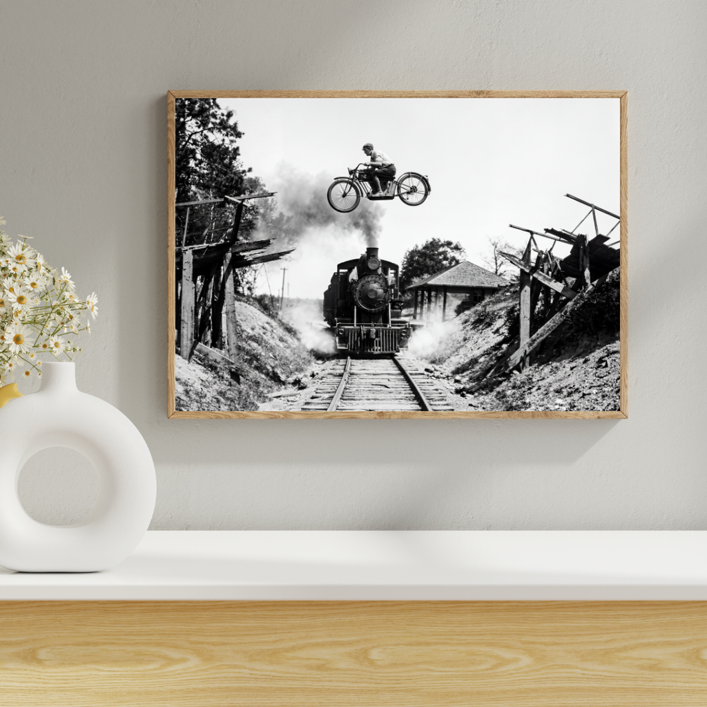 Motorcycle Jump Over Train Wall Art, Black and White Extreme Sports Print