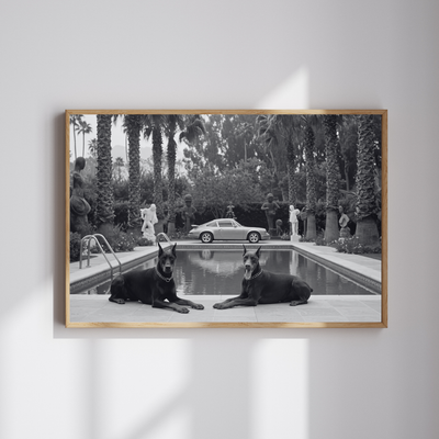 Porsche 911 Poolside Poster with Dobermans – Black and White Luxury Car Photography Print - Wall Art Print | Oakline Studio