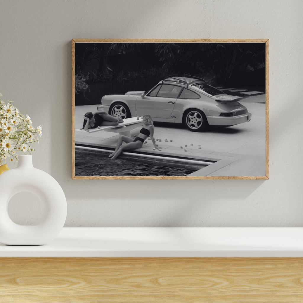 Porsche 911 RS Poolside Poster, Black and White Porsche Photography Print