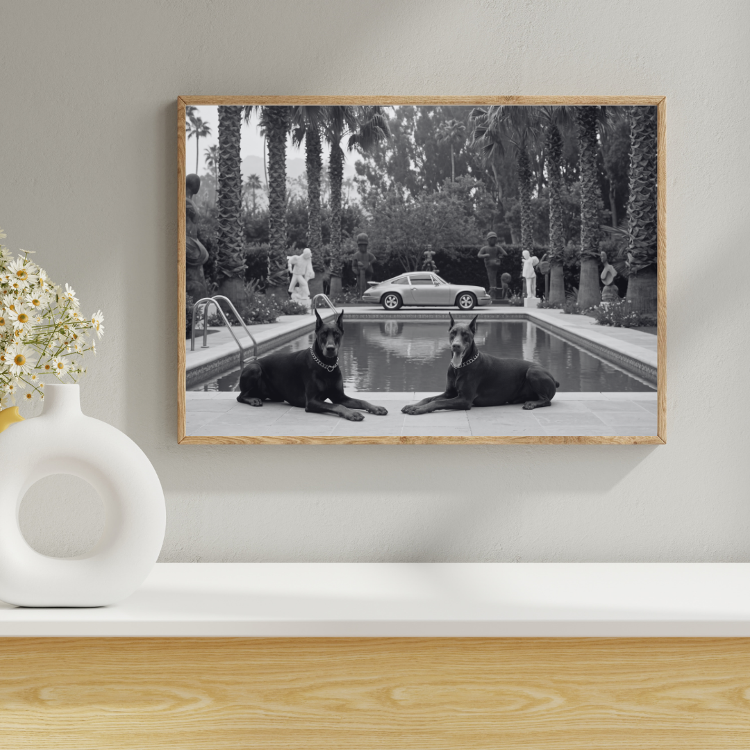 Porsche 911 Poolside Poster with Dobermans – Black and White Luxury Car Photography Print
