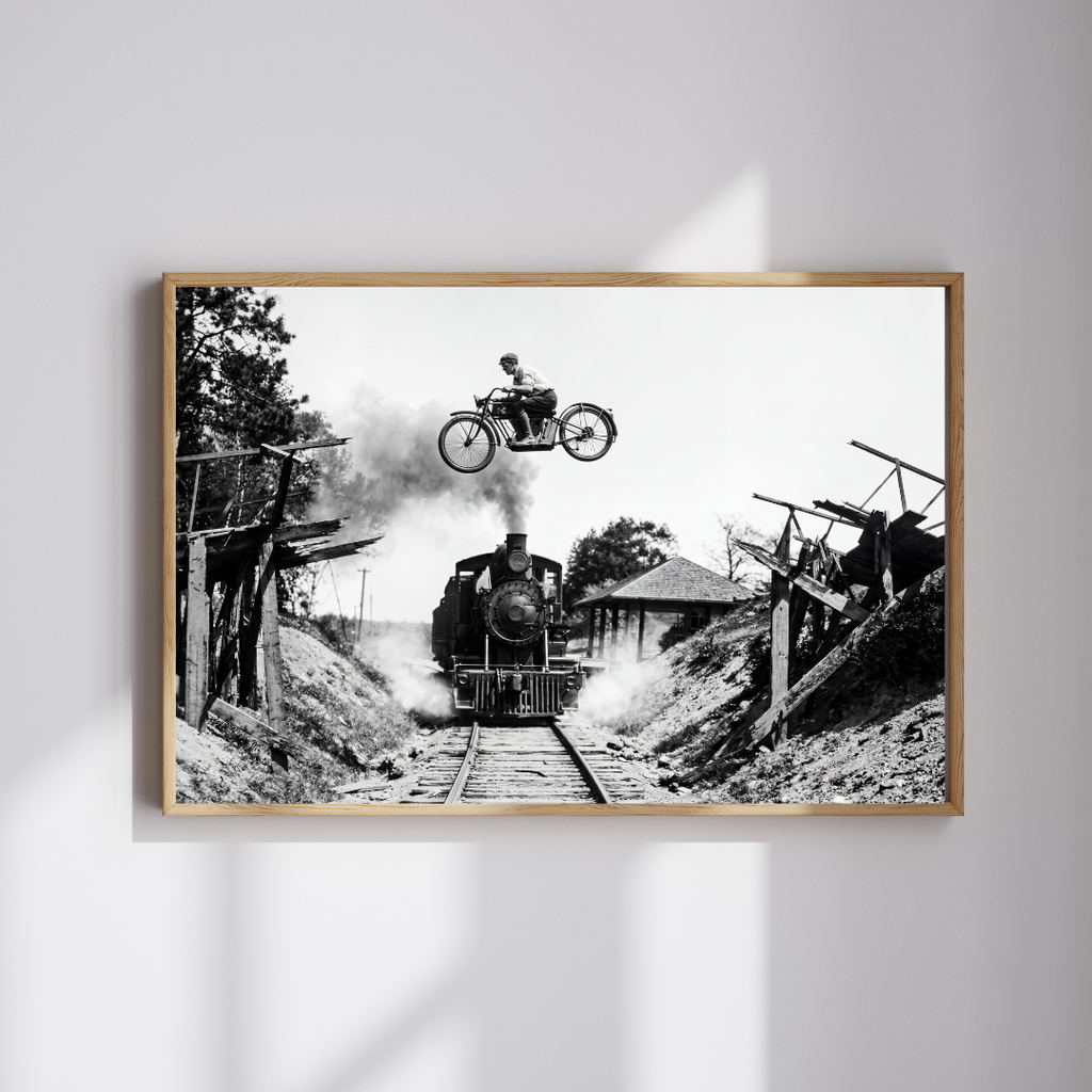 Motorcycle Jump Over Train Wall Art, Black and White Extreme Sports Print