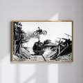 Motorcycle Jump Over Train Wall Art, Black and White Extreme Sports Print