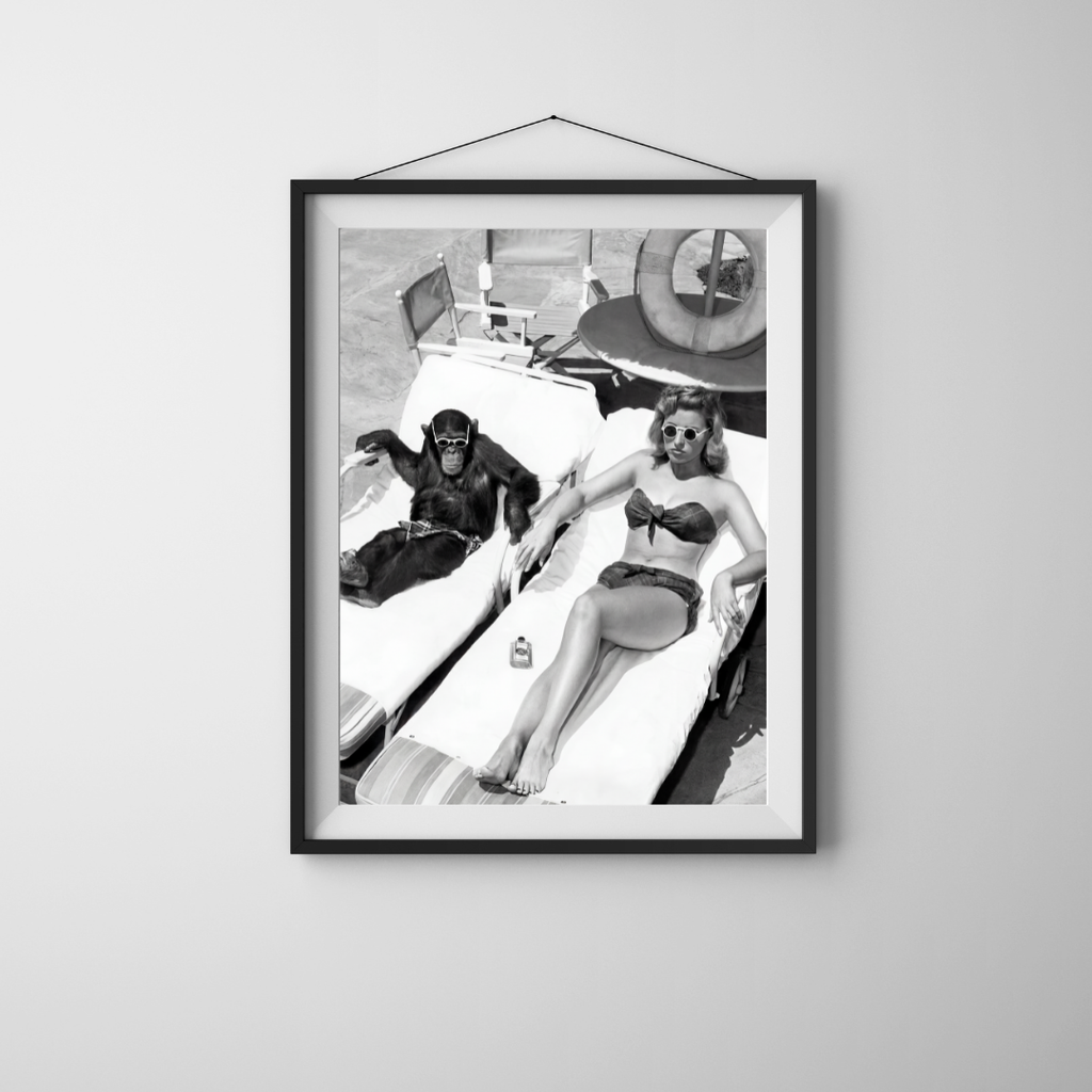 Funny Chimpanzee Photo Print, Vintage Black and White Wall Art, Beach Photography