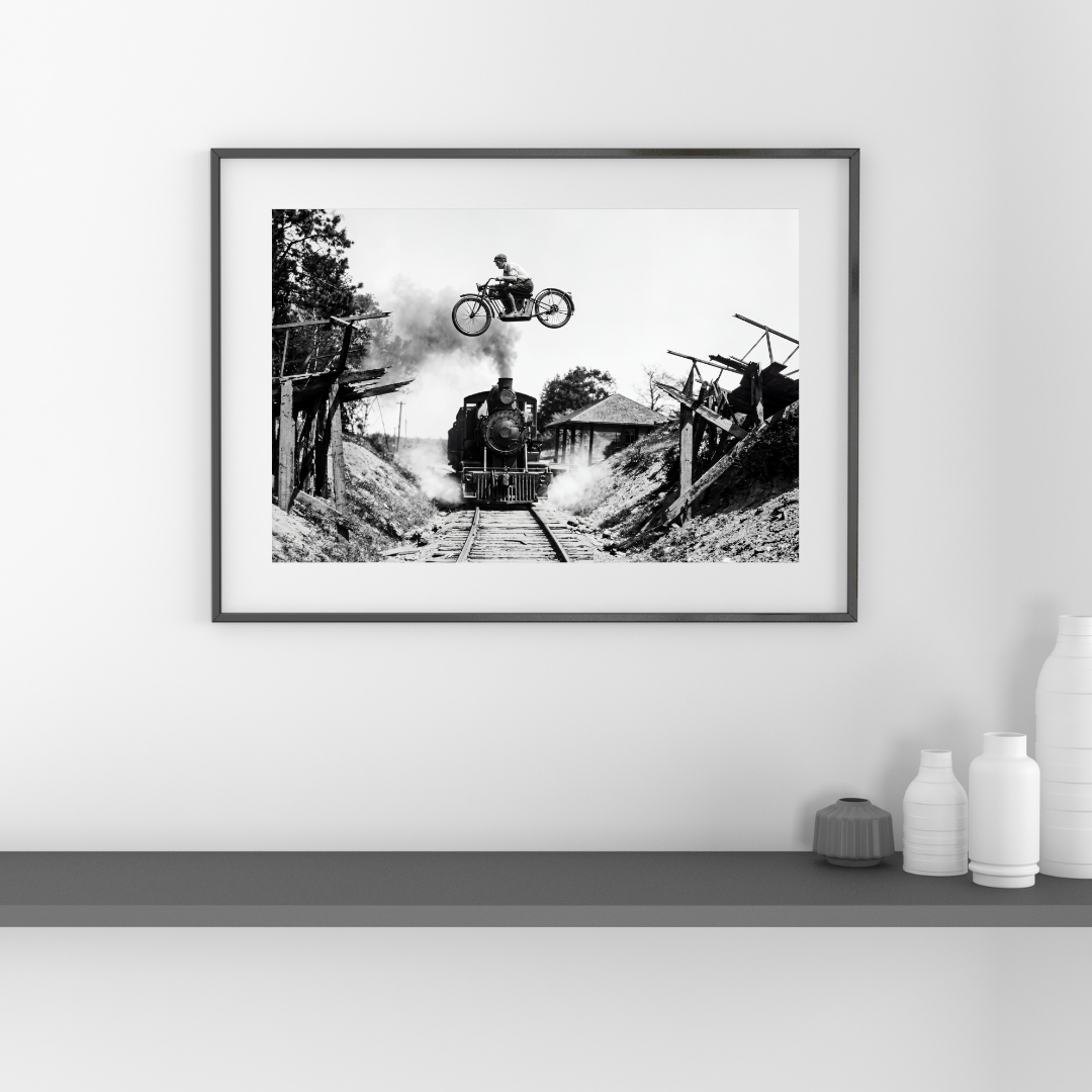 Motorcycle Jump Over Train Wall Art, Black and White Extreme Sports Print