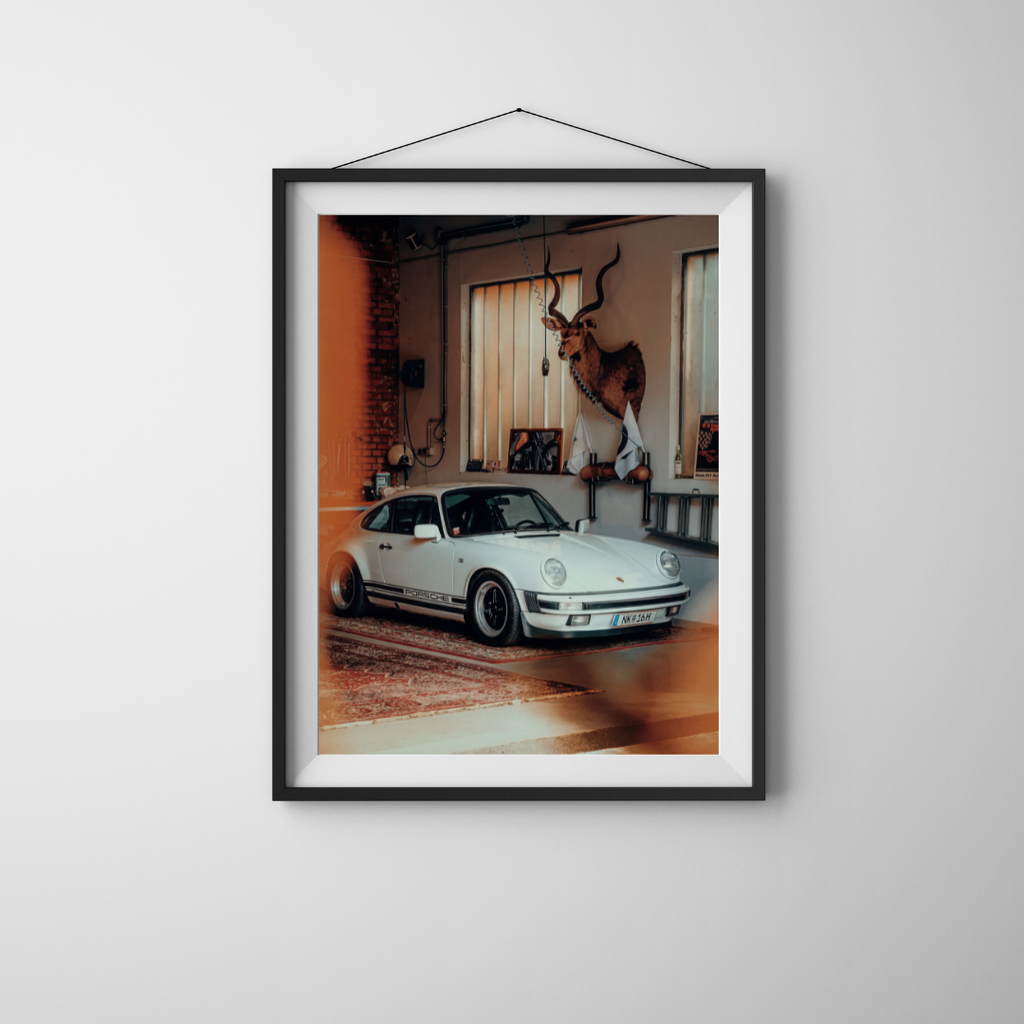 Porsche 911 Garage Photo Print, Vintage Car Wall Art, Classic Sports Car Poster
