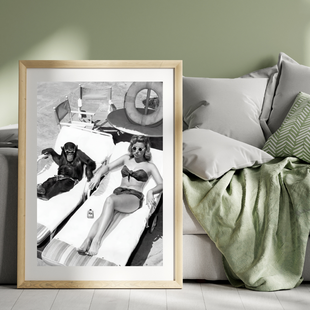 Funny Chimpanzee Photo Print, Vintage Black and White Wall Art, Beach Photography