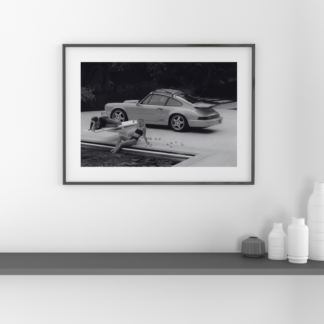 Porsche 911 RS Poolside Poster, Black and White Porsche Photography Print