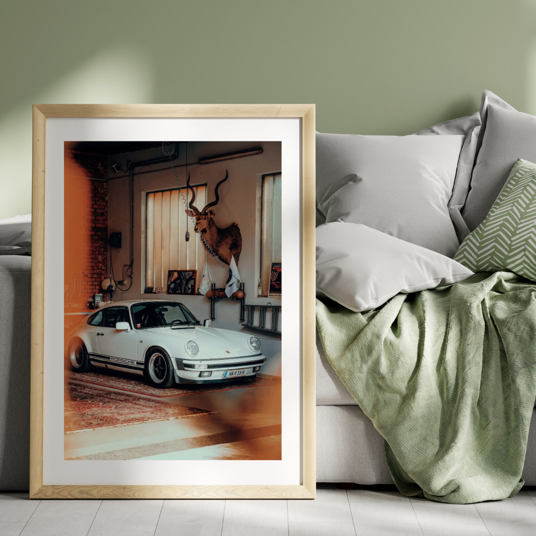 Porsche 911 Garage Photo Print, Vintage Car Wall Art, Classic Sports Car Poster