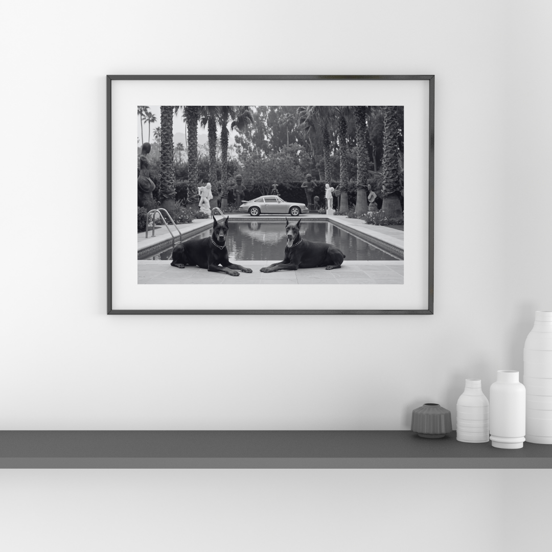 Porsche 911 Poolside Poster with Dobermans – Black and White Luxury Car Photography Print
