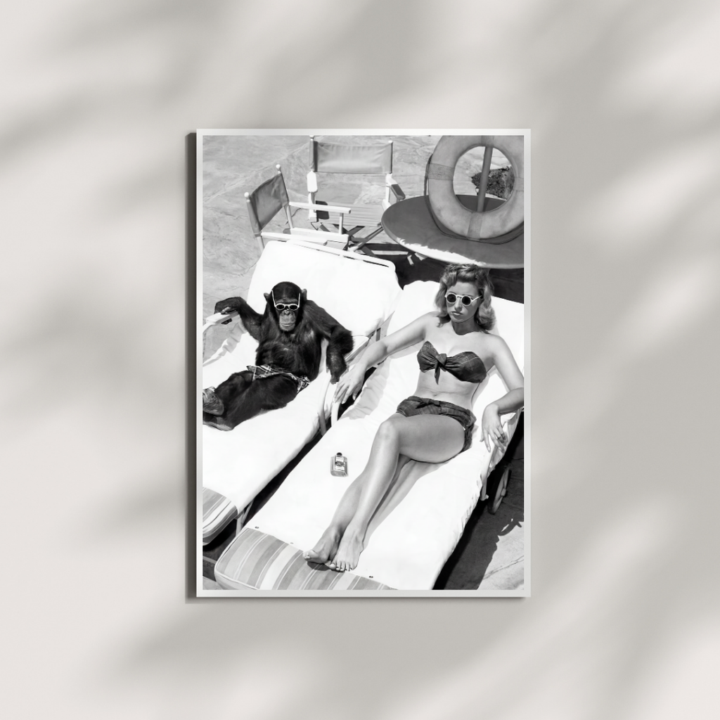 Funny Chimpanzee Photo Print, Vintage Black and White Wall Art, Beach Photography