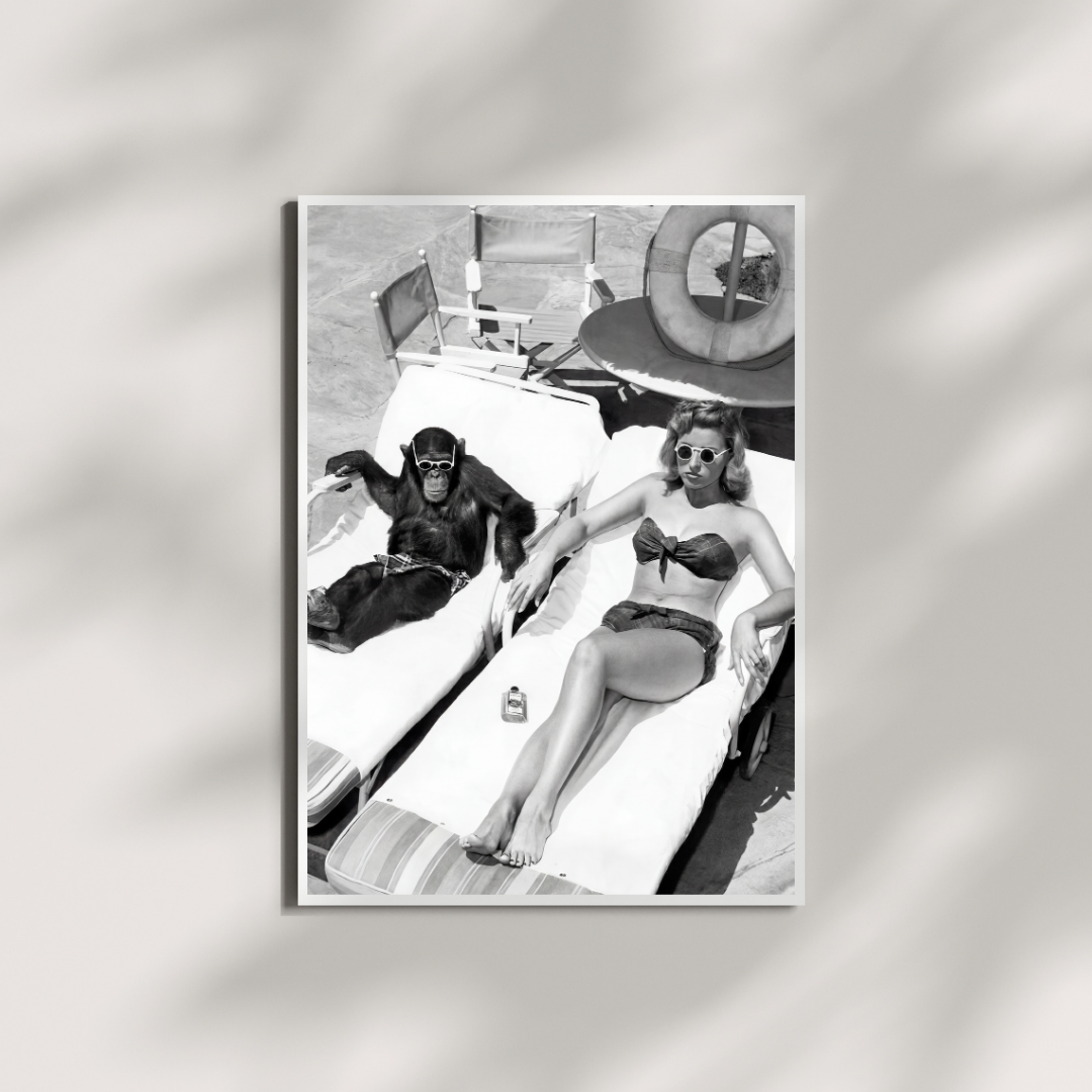 Funny Chimpanzee Photo Print, Vintage Black and White Wall Art, Beach Photography