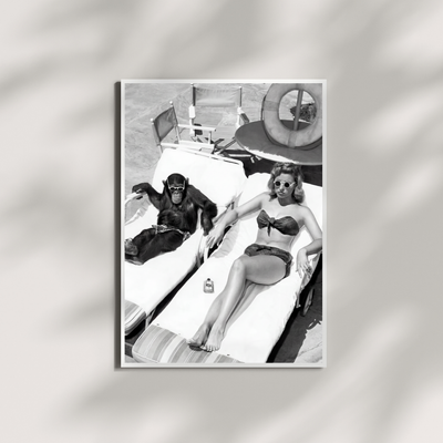 Funny Chimpanzee Photo Print, Vintage Black and White Wall Art, Beach Photography - Wall Art Print | Oakline Studio
