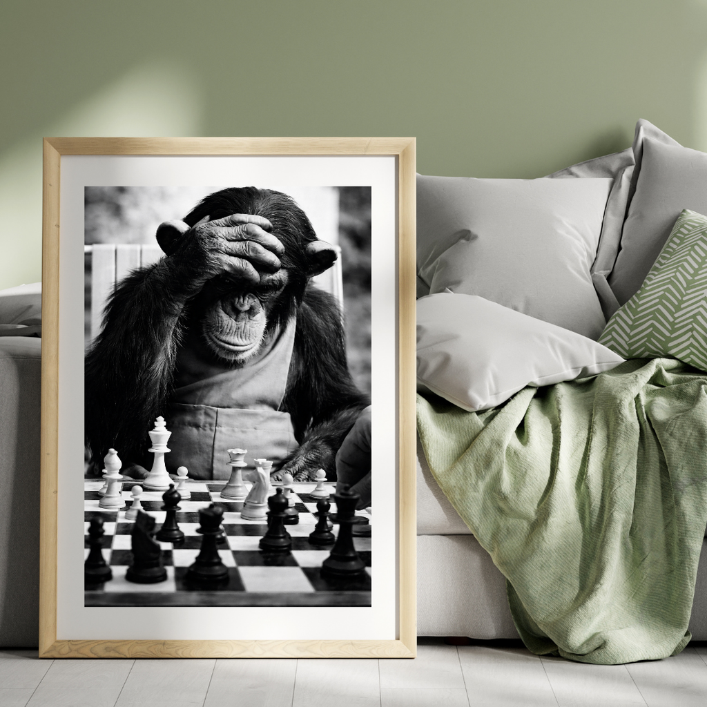 Black and White Chimpanzee Wall Art Print – Funny Monkey Playing Chess Photo – Modern Minimal Animal Photography Poster
