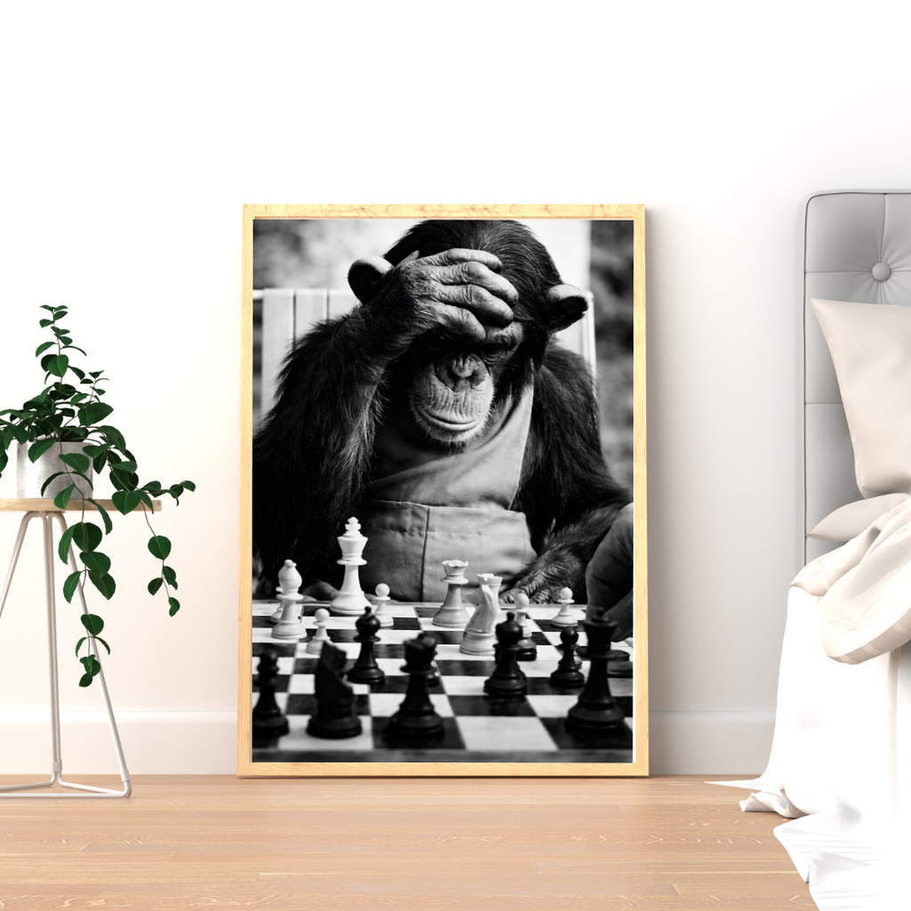 Black and White Chimpanzee Wall Art Print – Funny Monkey Playing Chess Photo – Modern Minimal Animal Photography Poster