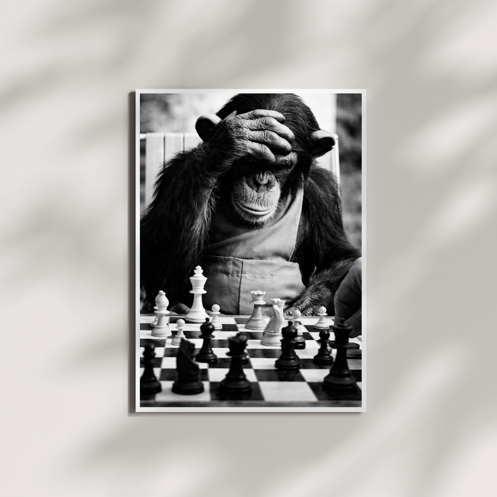 Black and White Chimpanzee Wall Art Print – Funny Monkey Playing Chess Photo – Modern Minimal Animal Photography Poster