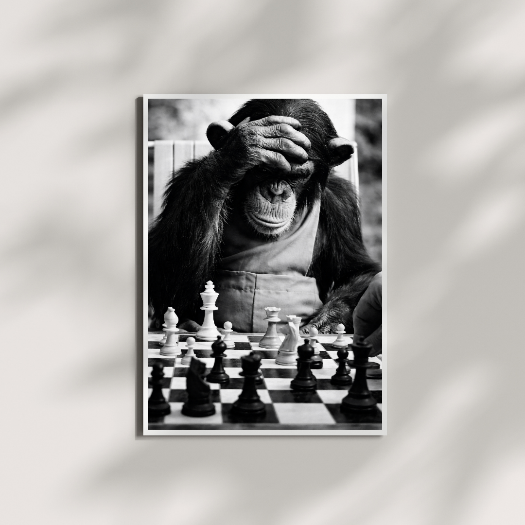 Black and White Chimpanzee Wall Art Print – Funny Monkey Playing Chess Photo – Modern Minimal Animal Photography Poster