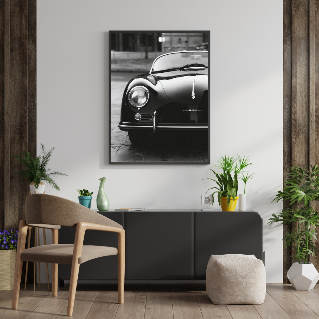 Old Vintage Porsche Wall Art , Classic Antique Car Black and White Poster