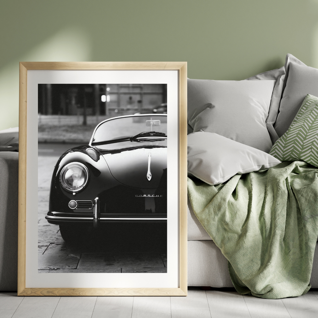 Old Vintage Porsche Wall Art , Classic Antique Car Black and White Poster