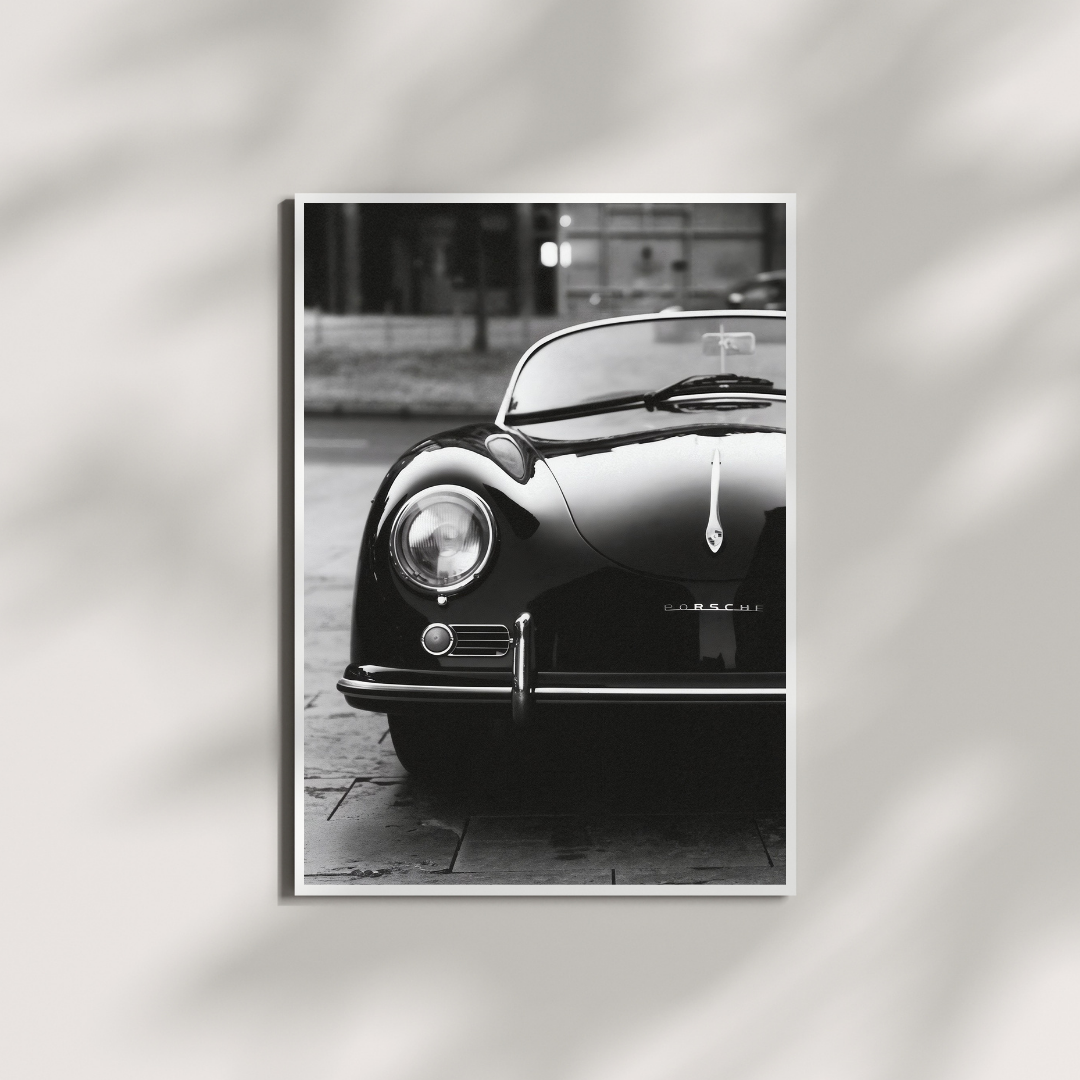 Old Vintage Porsche Wall Art , Classic Antique Car Black and White Poster