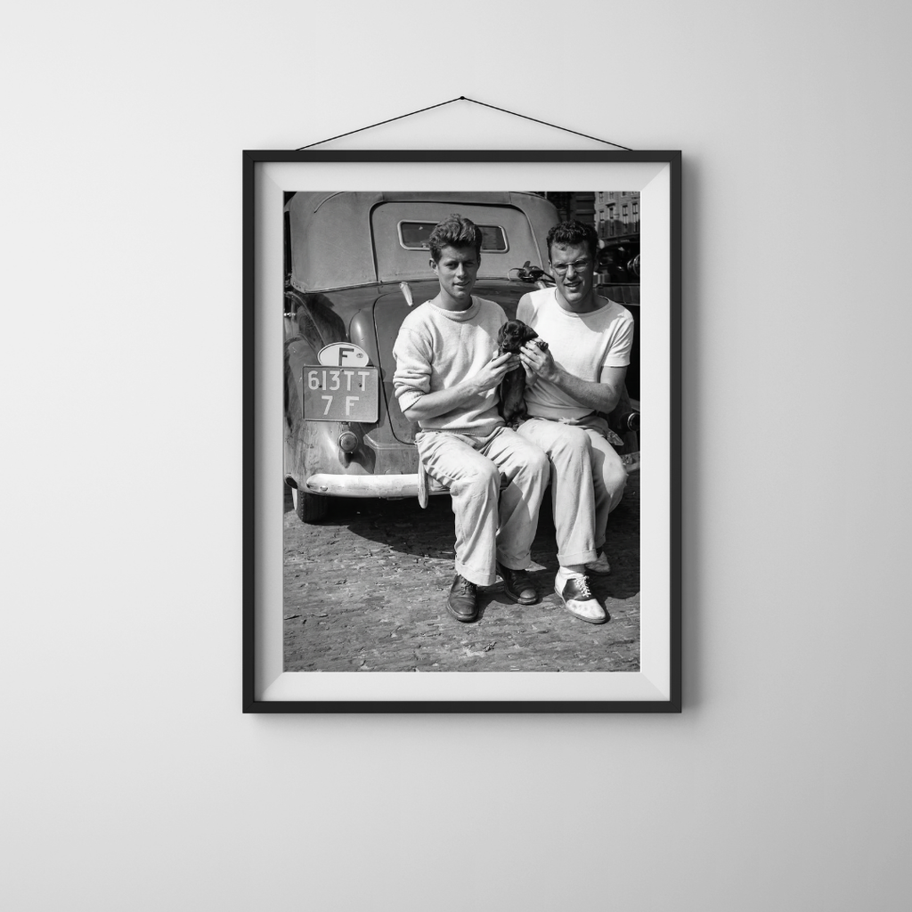 JFK with Puppy Poster - President Kennedy Black Black and White Wall Art