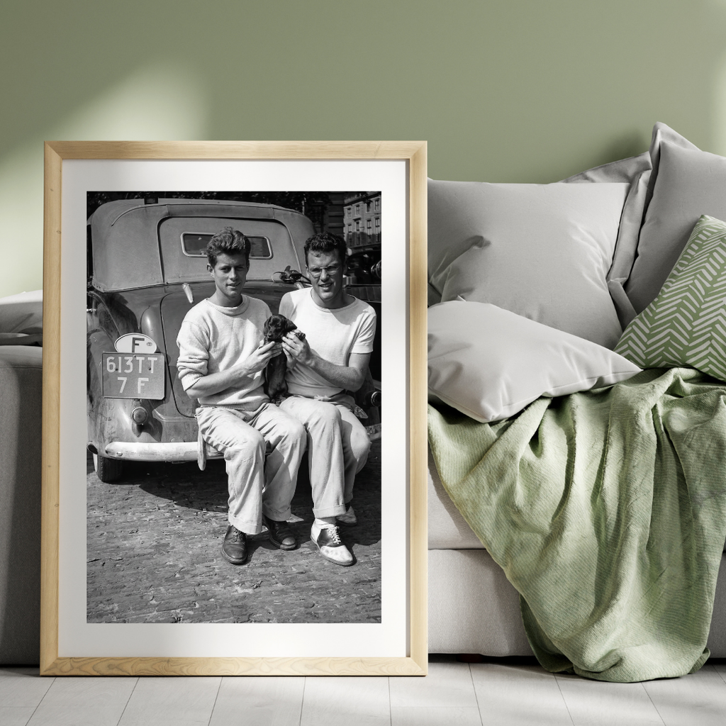JFK with Puppy Poster - President Kennedy Black Black and White Wall Art