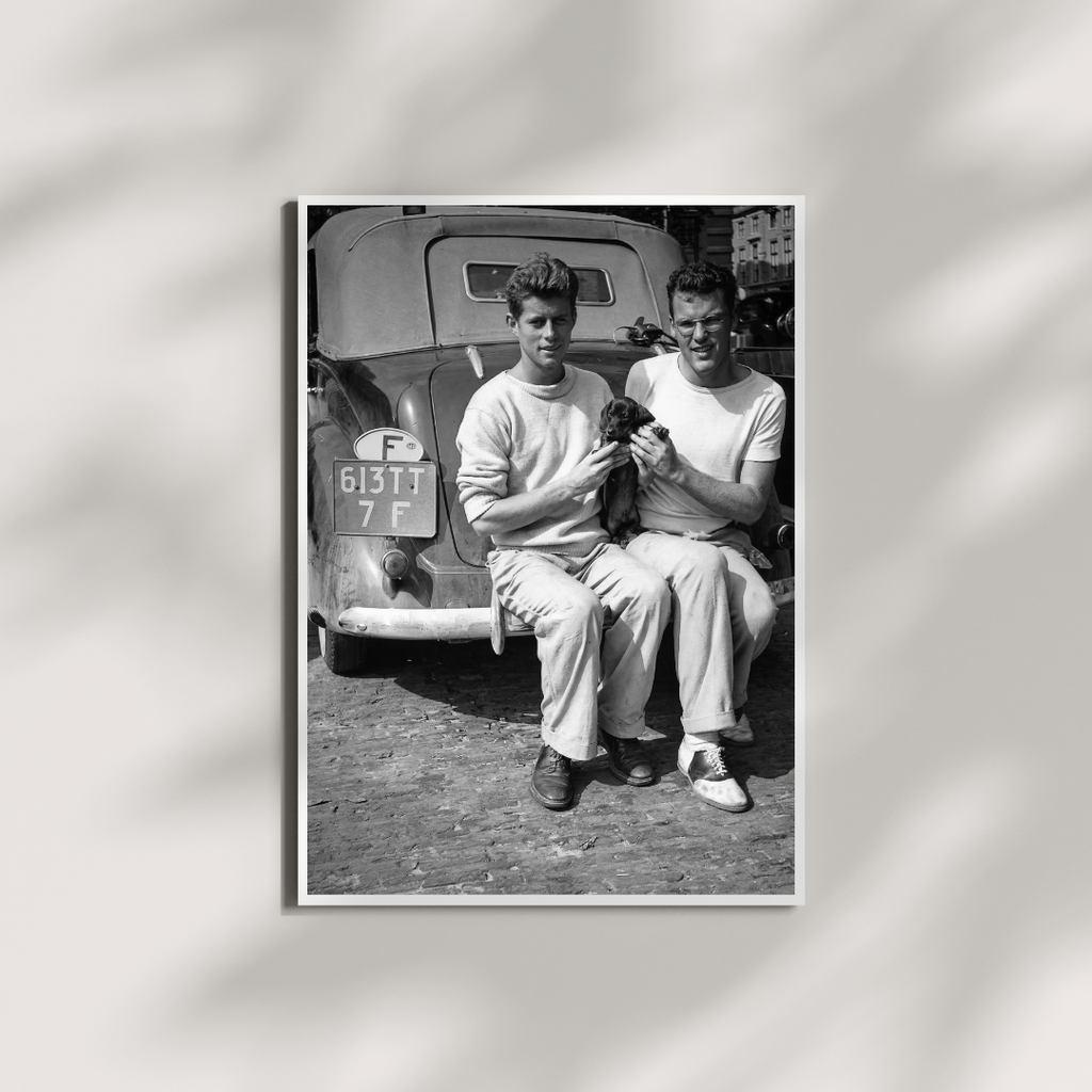 JFK with Puppy Poster - President Kennedy Black Black and White Wall Art