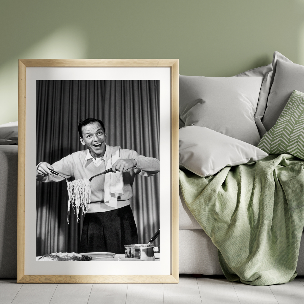 Frank Sinatra Eating Spaghetti Poster - Kitchen Black and White Wall Art