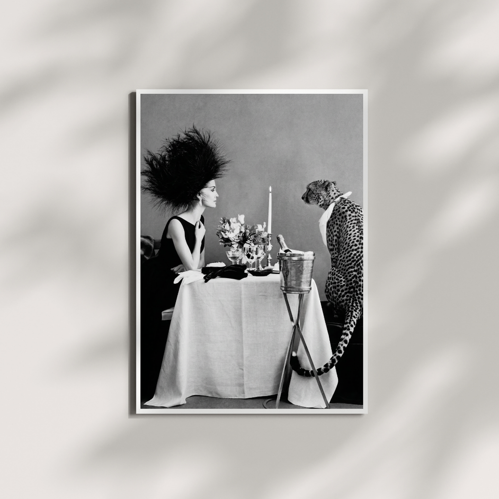Model With Cheetah Having Dinner Poster - Black and White Wall Art