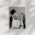 Model With Cheetah Having Dinner Poster - Black and White Wall Art