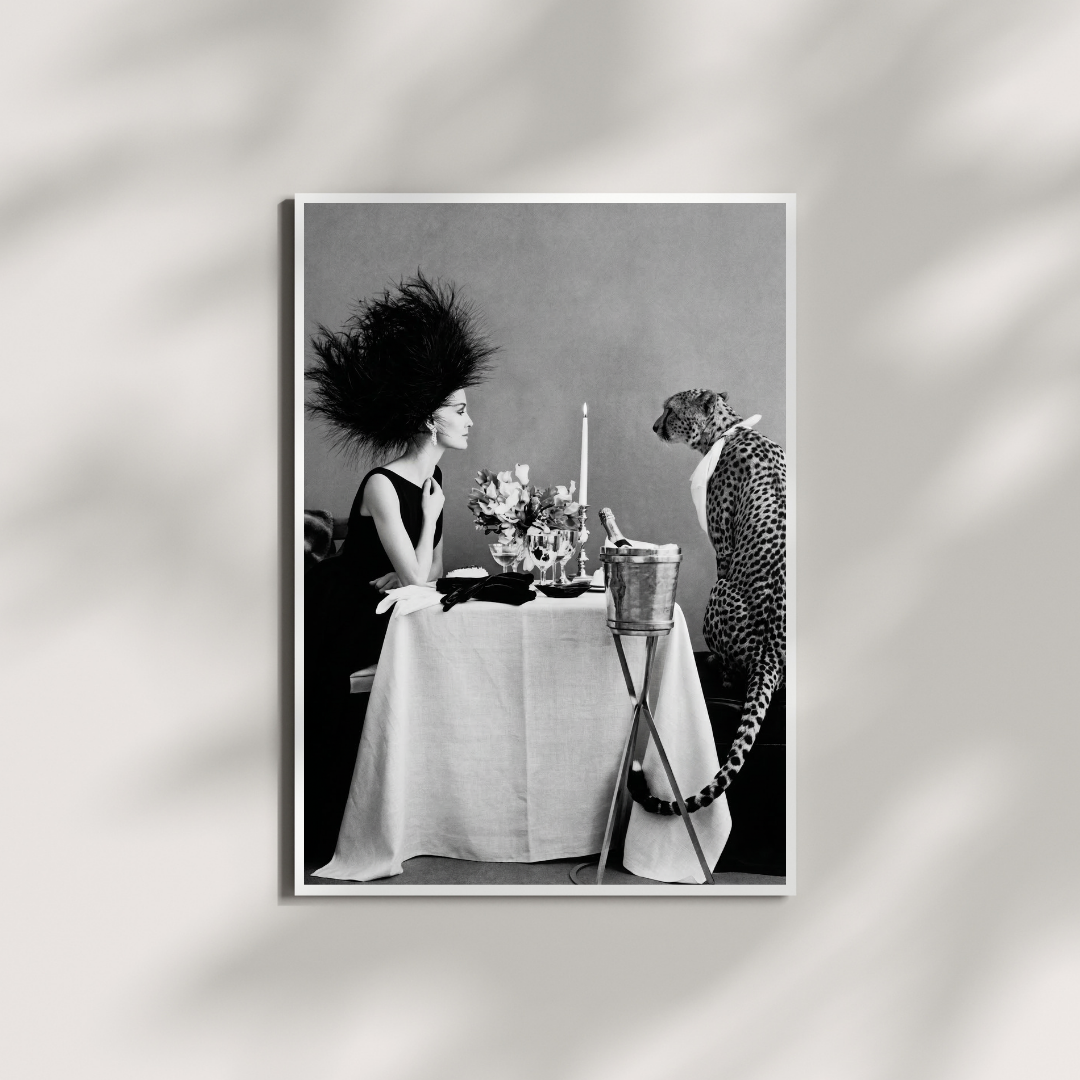 Model With Cheetah Having Dinner Poster - Black and White Wall Art