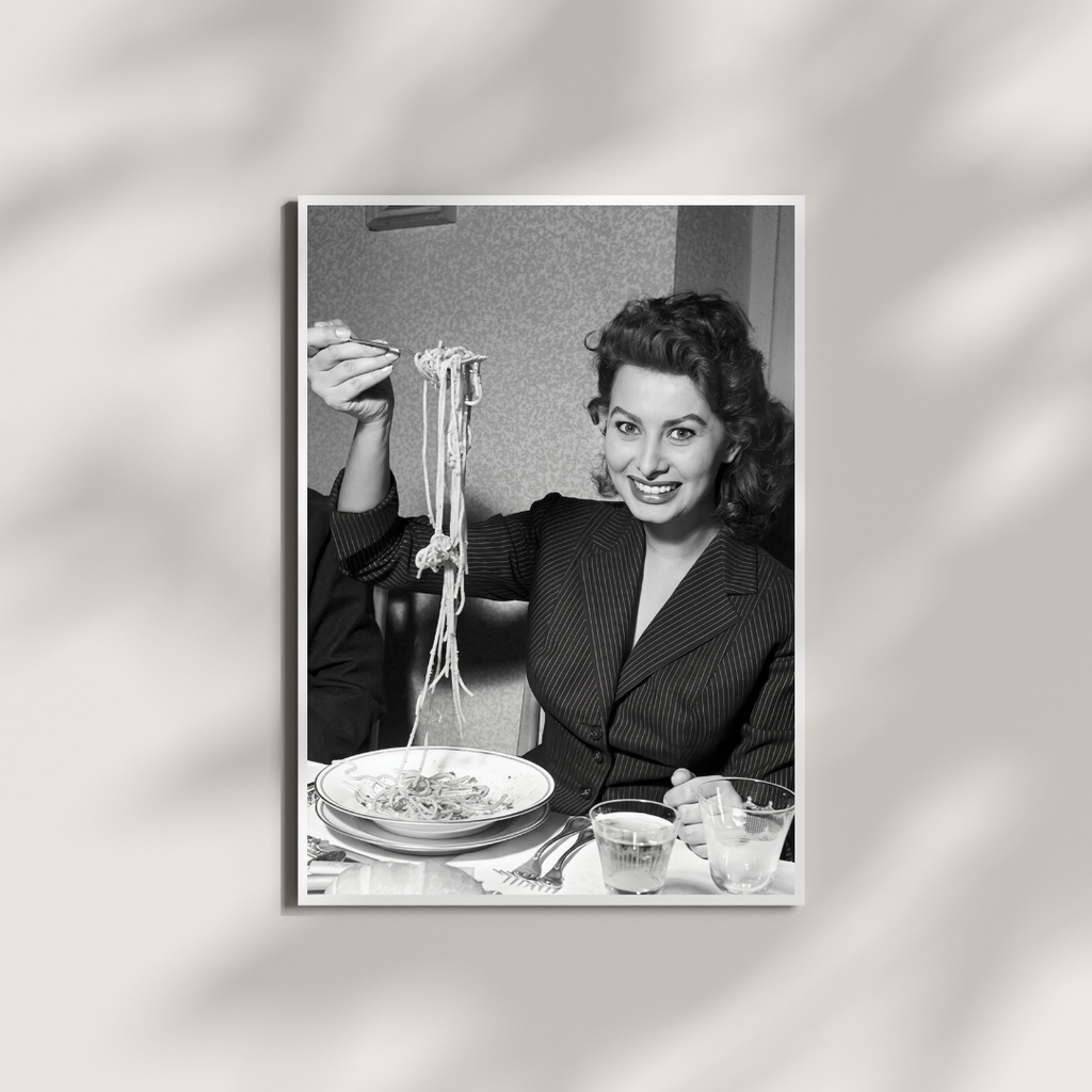 Sophia Loren Eating Spaghetti Print, Hollywood Black and White Wall Art