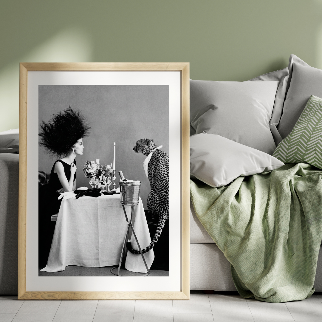 Model With Cheetah Having Dinner Poster - Black and White Wall Art