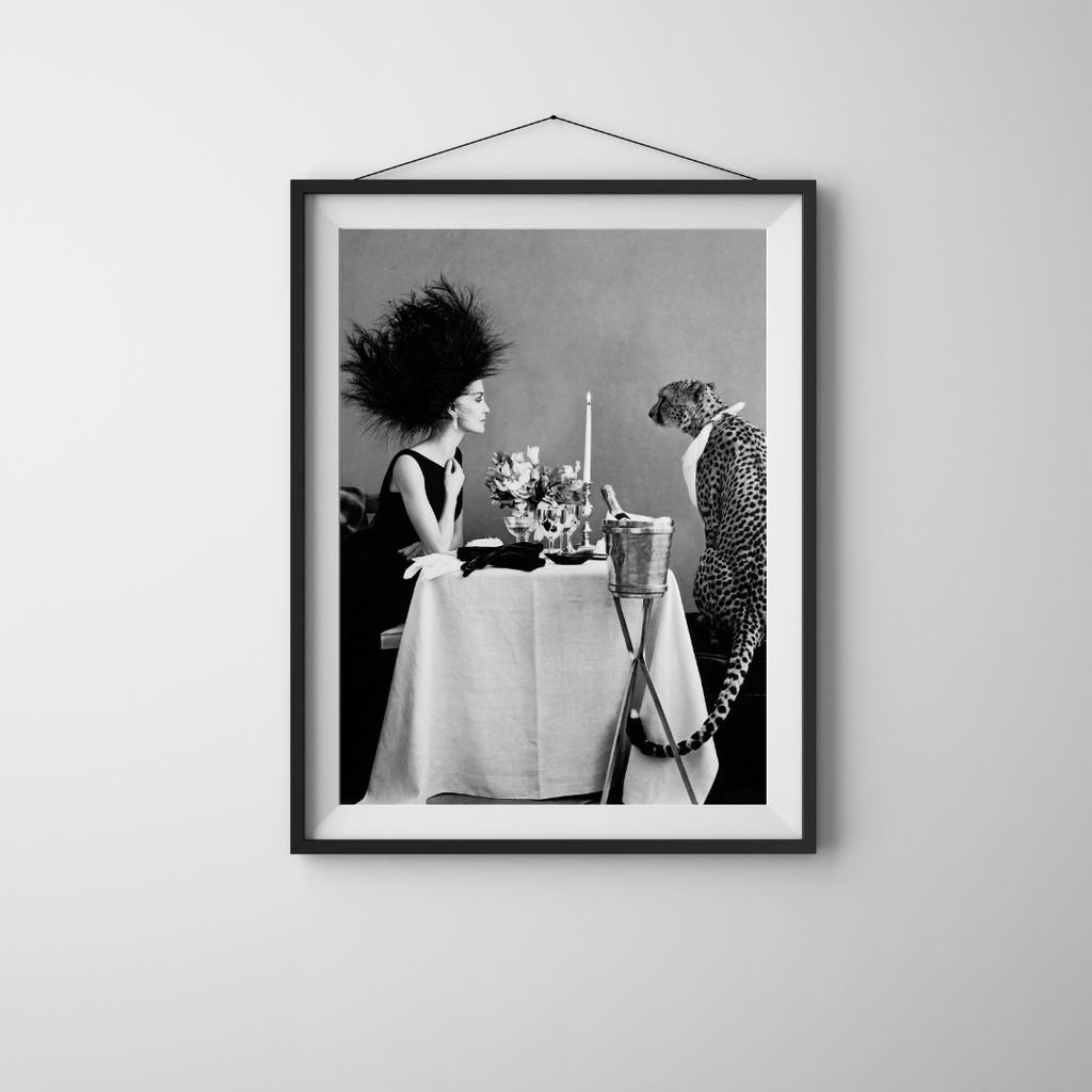 Model With Cheetah Having Dinner Poster - Black and White Wall Art