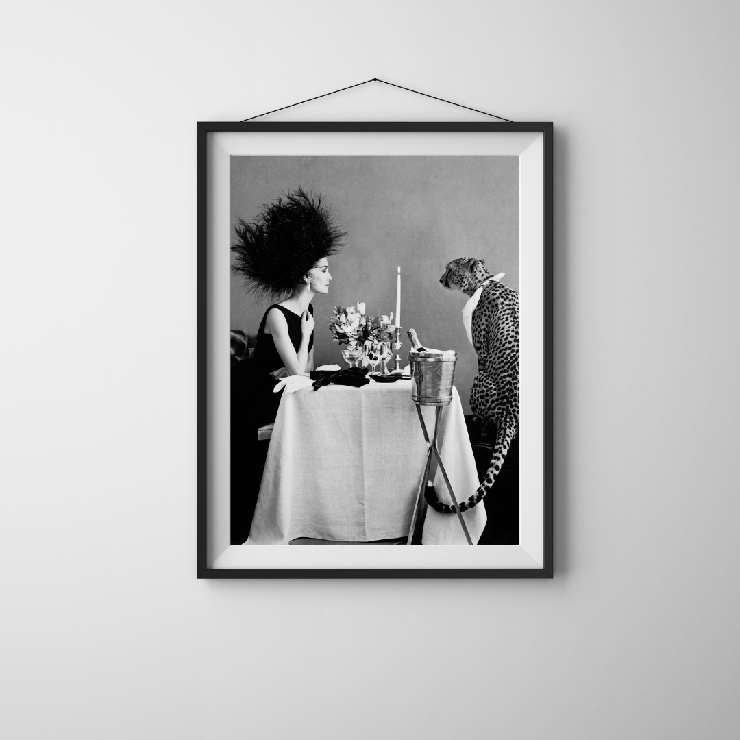 Model With Cheetah Having Dinner Poster - Black and White Wall Art
