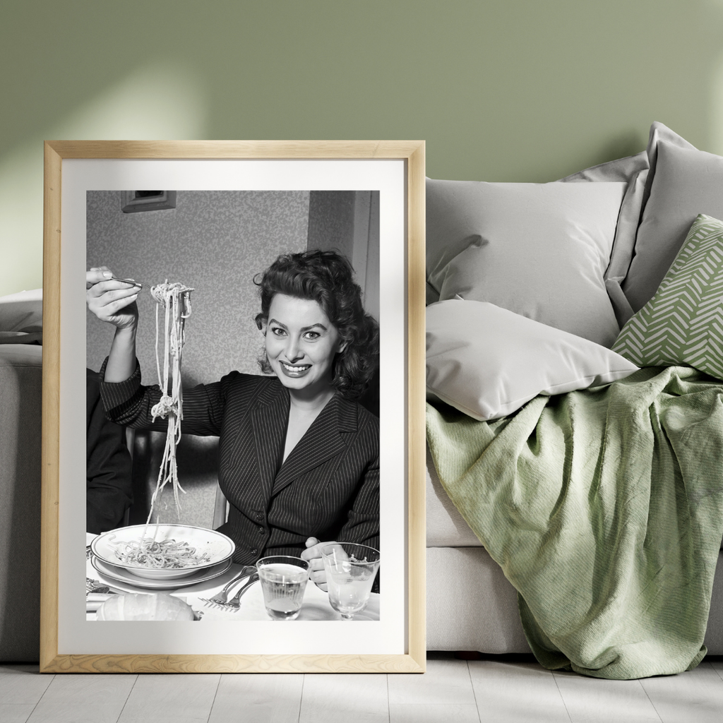Sophia Loren Eating Spaghetti Print, Hollywood Black and White Wall Art