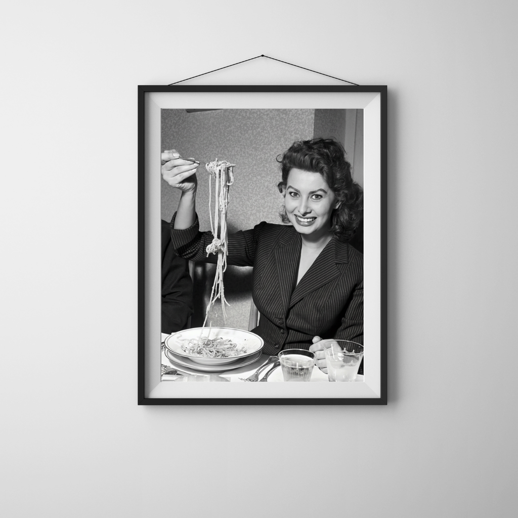 Sophia Loren Eating Spaghetti Print, Hollywood Black and White Wall Art