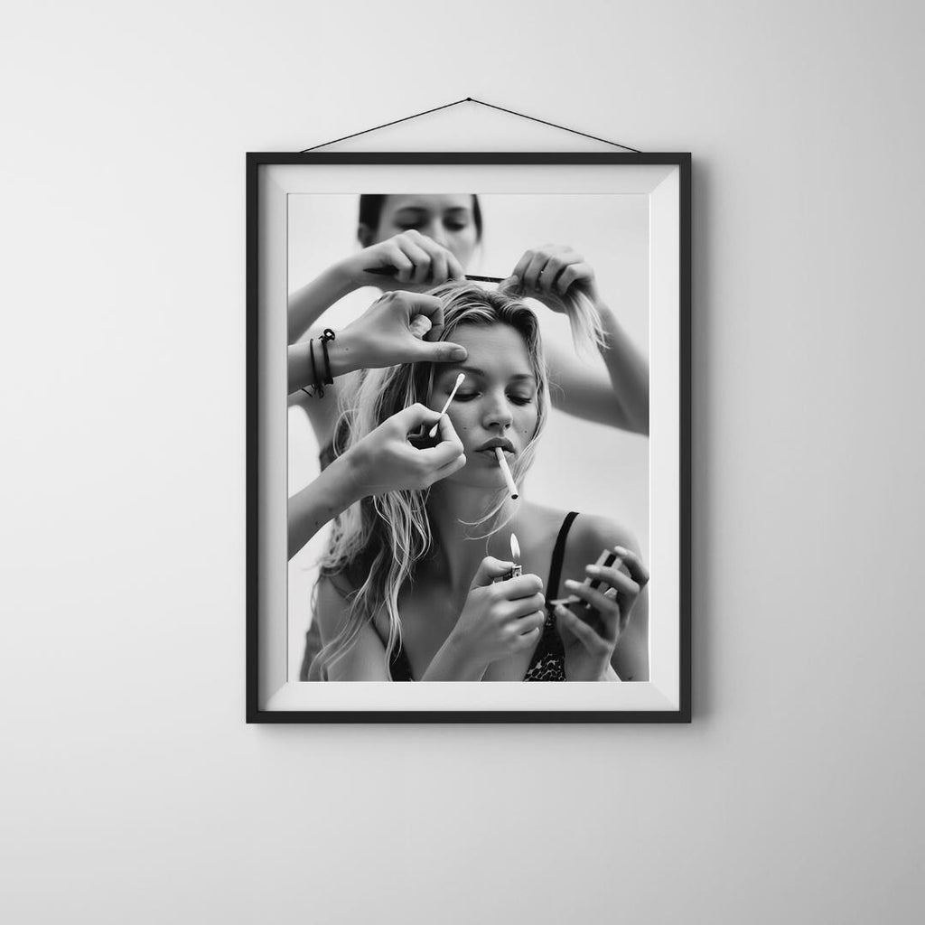Kate Moss Getting Ready - Black and White Photography Print, Feminist Wall Art
