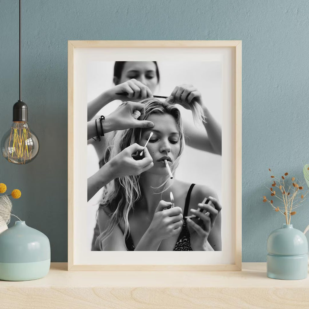Kate Moss Getting Ready - Black and White Photography Print, Feminist Wall Art