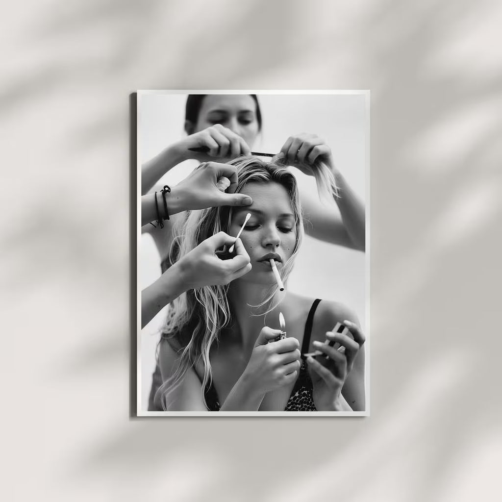 Kate Moss Getting Ready - Black and White Photography Print, Feminist Wall Art