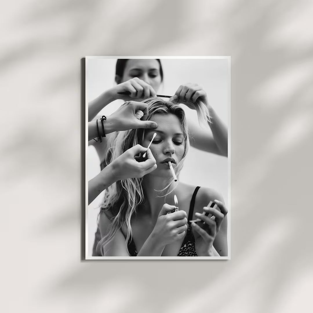 Kate Moss Getting Ready - Black and White Photography Print, Feminist Wall Art