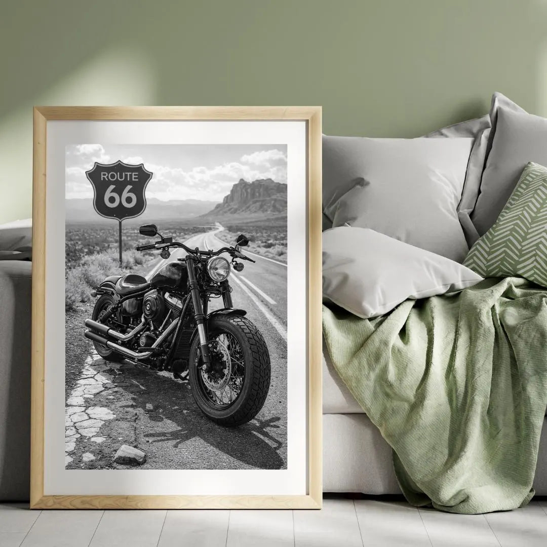 Route 66 Motorcycle Wall Art, Black and White Biker Print / DIGITAL DOWNLOAD
