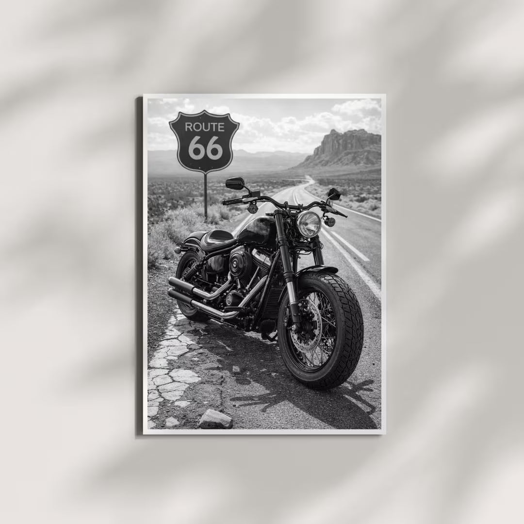 Route 66 Motorcycle Wall Art, Black and White Biker Print / DIGITAL DOWNLOAD