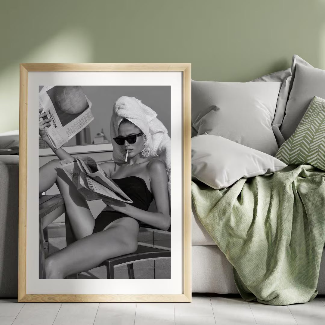 Woman Reading Newspaper Poster, Black and White Wall Art