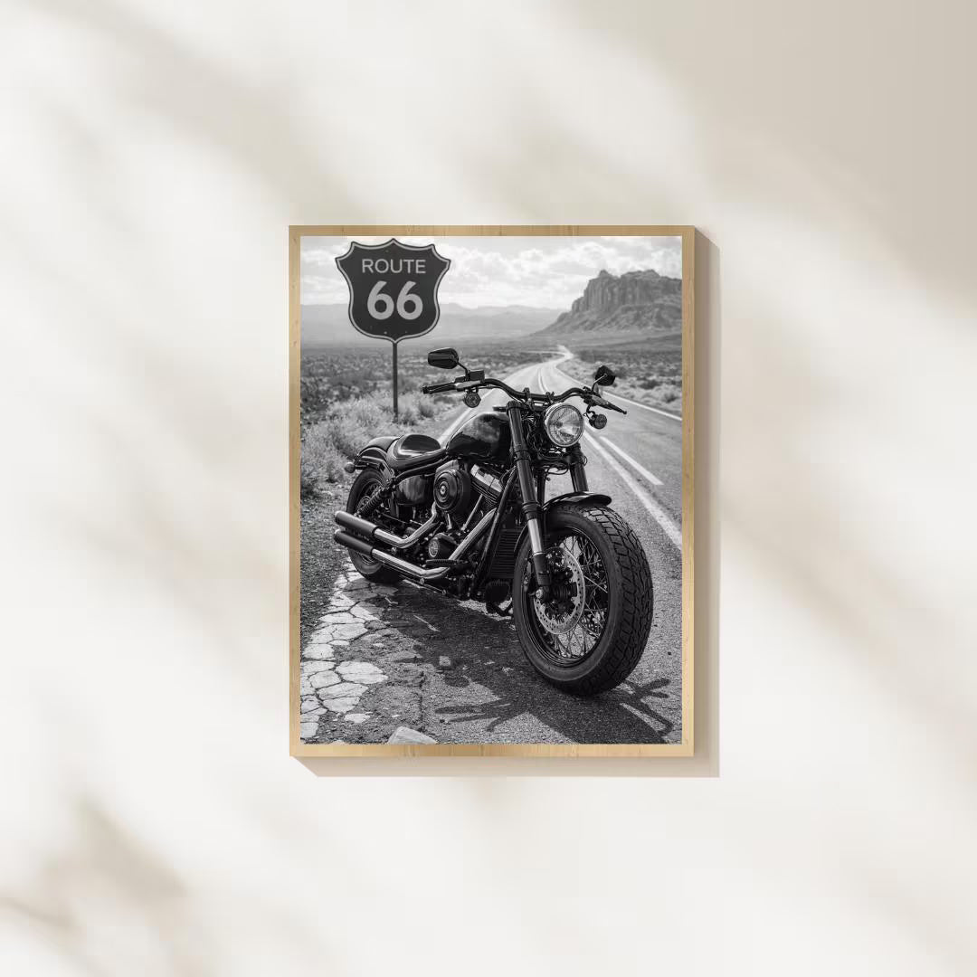 Route 66 Motorcycle Wall Art, Black and White Biker Print / DIGITAL DOWNLOAD