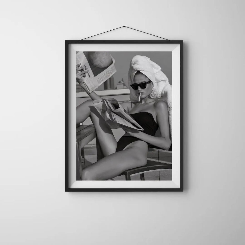Woman Reading Newspaper Poster, Black and White Wall Art