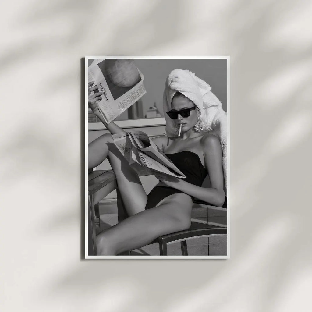 Woman Reading Newspaper Poster, Black and White Wall Art